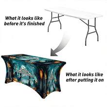 1pc Cartoon Happy Halloween Slogan Print High Elasticity Tablecloth With Elastic Band Full Edge - Stretchable Fit, Washable And Reusable Table Cover Suitable For Dining Table, Buffet Table, Dessert Table, Banquet, Holiday Party Decoration, Halloween, Birthday, Wedding - Suitable For Kitchen Use - Multicolor - View 10