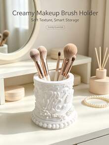 Retro Relief Makeup Brush Storage Tube, Multifunctional Desktop Storage Box, , Desktop Decoration, White Ocean Carved Makeup Brush Tube, Multifunctional Desktop Dressing Table Storage, Bedroom Bathroom Desktop Home Decoration Storage Tube - Multicolor - View 5
