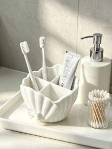 1pc 4-Compartment Toothbrush Holder/Storage Rack, Toothpaste, Makeup Brush Storage Box, Bowknot Lace Shell Design 4-Compartment Toothbrush Holder, Desktop Small Item Sorting Storage Basket, Black/White Storage Rack, Bedroom/Living Room/Desktop Decorative Storage Box, Suitable For Living Room, Desktop, Study Bedroom, Back To School Season, Holiday Decoration, Housewarming Gift Essential, Christmas, New Year Gift Best Choice - Multicolor - View 9
