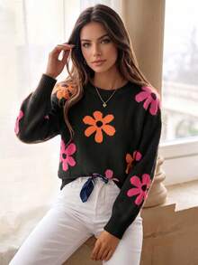 Women's Ditsy Floral Dropped Shoulder Long Sleeve Casual Loose Pullover Sweater, Suitable For Autumn/Winter Vacation Fall - Multicolor - View 4