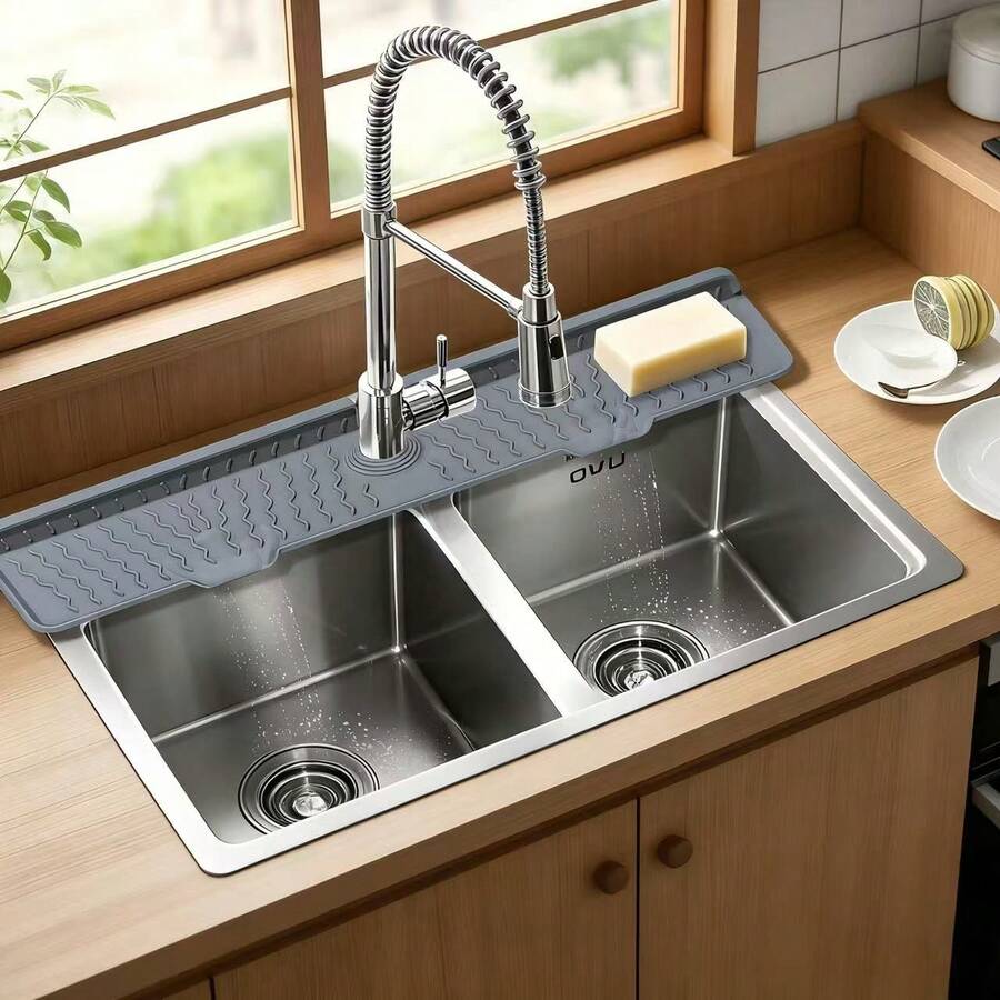 1pc Silicone Faucet Drain Mat, New Kitchen And Bathroom Sink Splash Guard Thickened Draining Mat, Long Faucet Splash Sink Mat Stackable, Bathroom And Kitchen Faucet Splash Guard, Adds A 3-Degree Slope To Prevent Water Accumulation