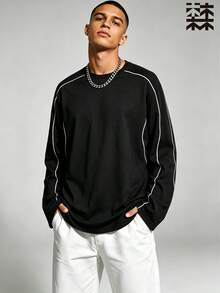 mulinsen Men's Black Loose Fit Long Sleeve T-Shirt With Line Patchwork Crew Neck - Black - View 2