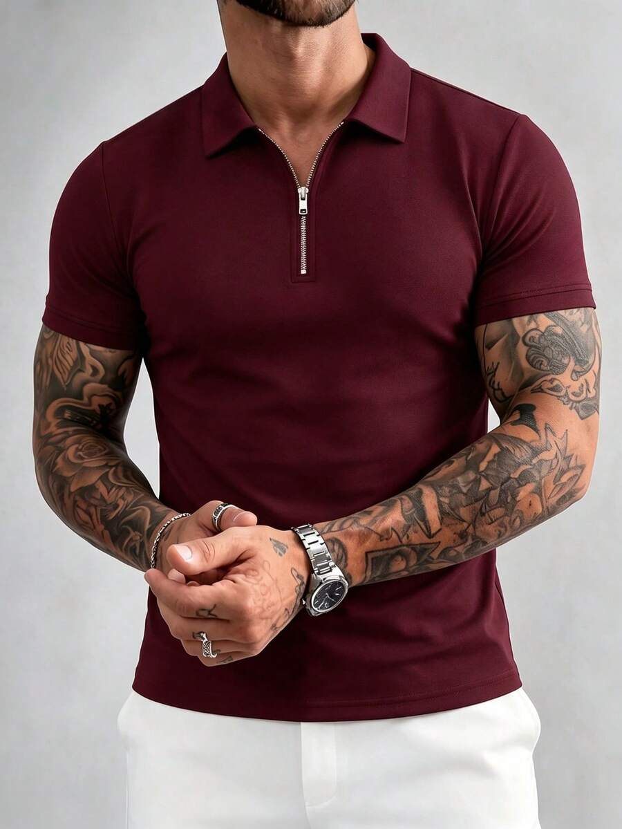 Men's Casual Solid Color Zipper Short Sleeve T-Shirt, Summer