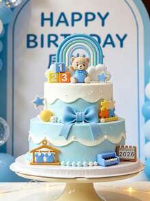 1pc Blue Bear Theme Cake Topper, Rocking Horse Train Blocks Decoration, Baby Birthday Dessert Table Accessory, Baby Shower Decoration - Multicolor - View 1