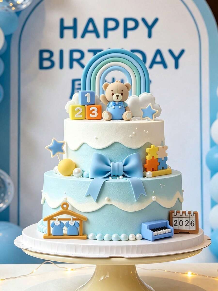1pc Blue Bear Theme Cake Topper, Rocking Horse Train Blocks Decoration, Baby Birthday Dessert Table Accessory, Baby Shower Decoration - Multicolor - View 1