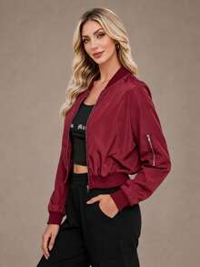 Women's Zipper Short Flight Jacket, Autumn Casual Street Style Lightweight Solid Color Regular Fit Baseball Collar Jacket - Burgundy - View 3