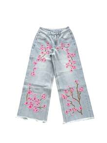 1件美式街頭風女款刺繡寬鬆舒適休閒寬腿牛仔長褲 時尚四季款（本產品不含腰帶/配件） - 淺色水洗藍 - 查看 8