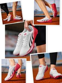 Professional Men's Spiked Track Shoes, Mesh Breathable Fashion Athletic Training Shoes, Youth Physical Test Sprint Racing Shoes, Detachable 8 Spikes, Unisex - White Black Red - View 9