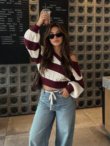 Women's Striped Cable Knit Sweater, Casual V-Neck Drop Shoulder Long Sleeve Pullover, Retro Colorblock Loose Fit Knit Top Fall - Burgundy - View 1