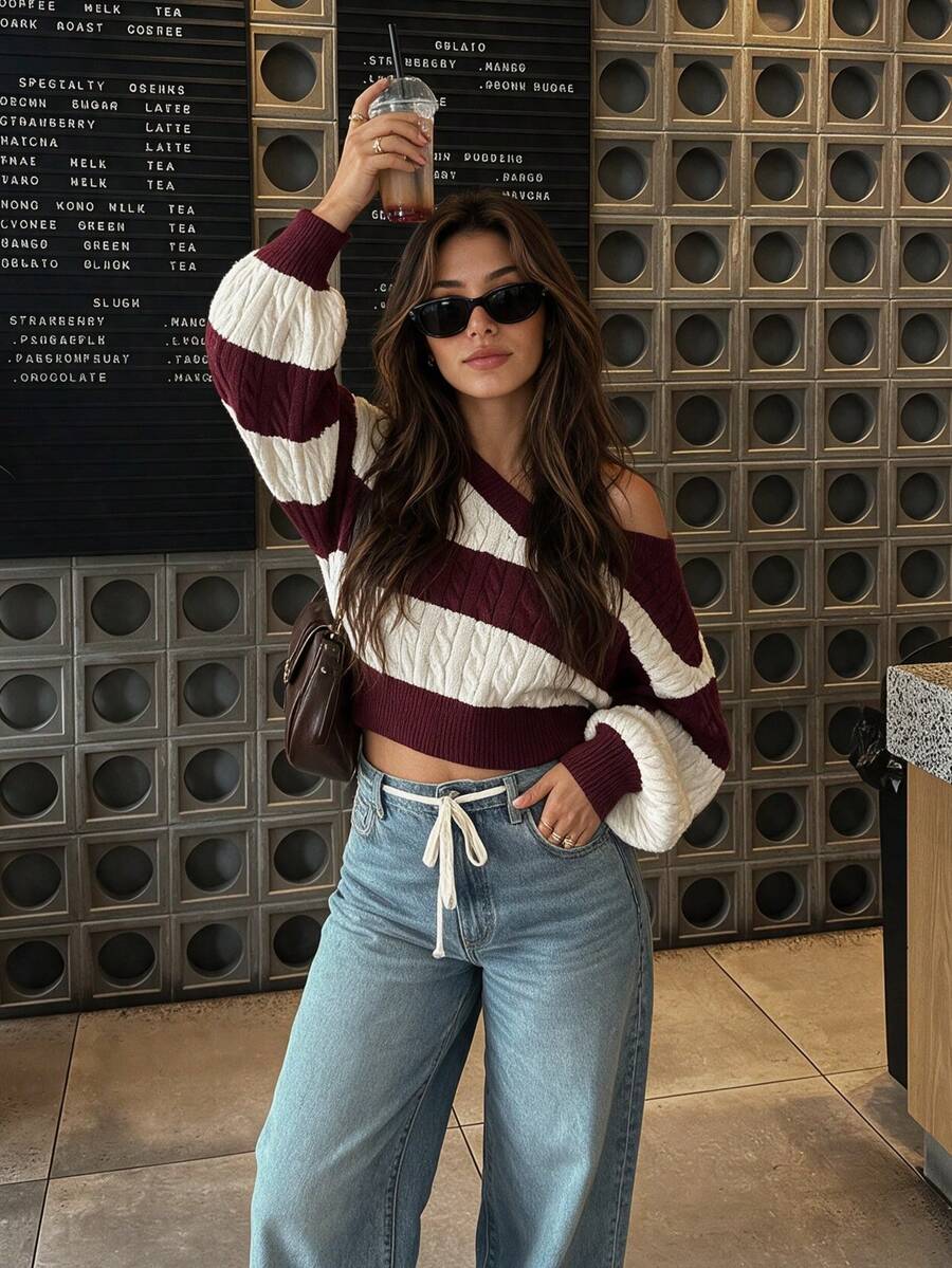 Women's Striped Cable Knit Sweater, Casual V-Neck Drop Shoulder Long Sleeve Pullover, Retro Colorblock Loose Fit Knit Top Fall - Burgundy - View 1