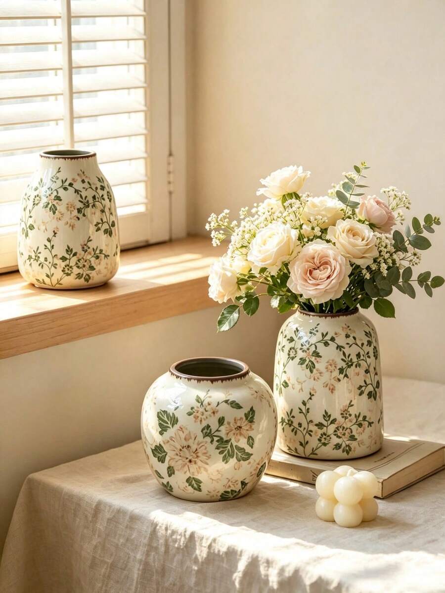 1pc Loven Vintage Floral Ceramic Vase, Cracked Glaze Surface Vase, Dark Edge, Country Style Decorative Vase, Suitable For Home, Living Room, Entrance And Wedding Use. High-End Gift Box Set - Multicolor - View 1