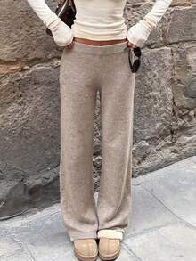 Minimalist Casual Warm Comfortable Women's Knitted Long Straight Leg Sweater Pants, Essential For Home Leisure In Autumn/Winter - Khaki - View 1