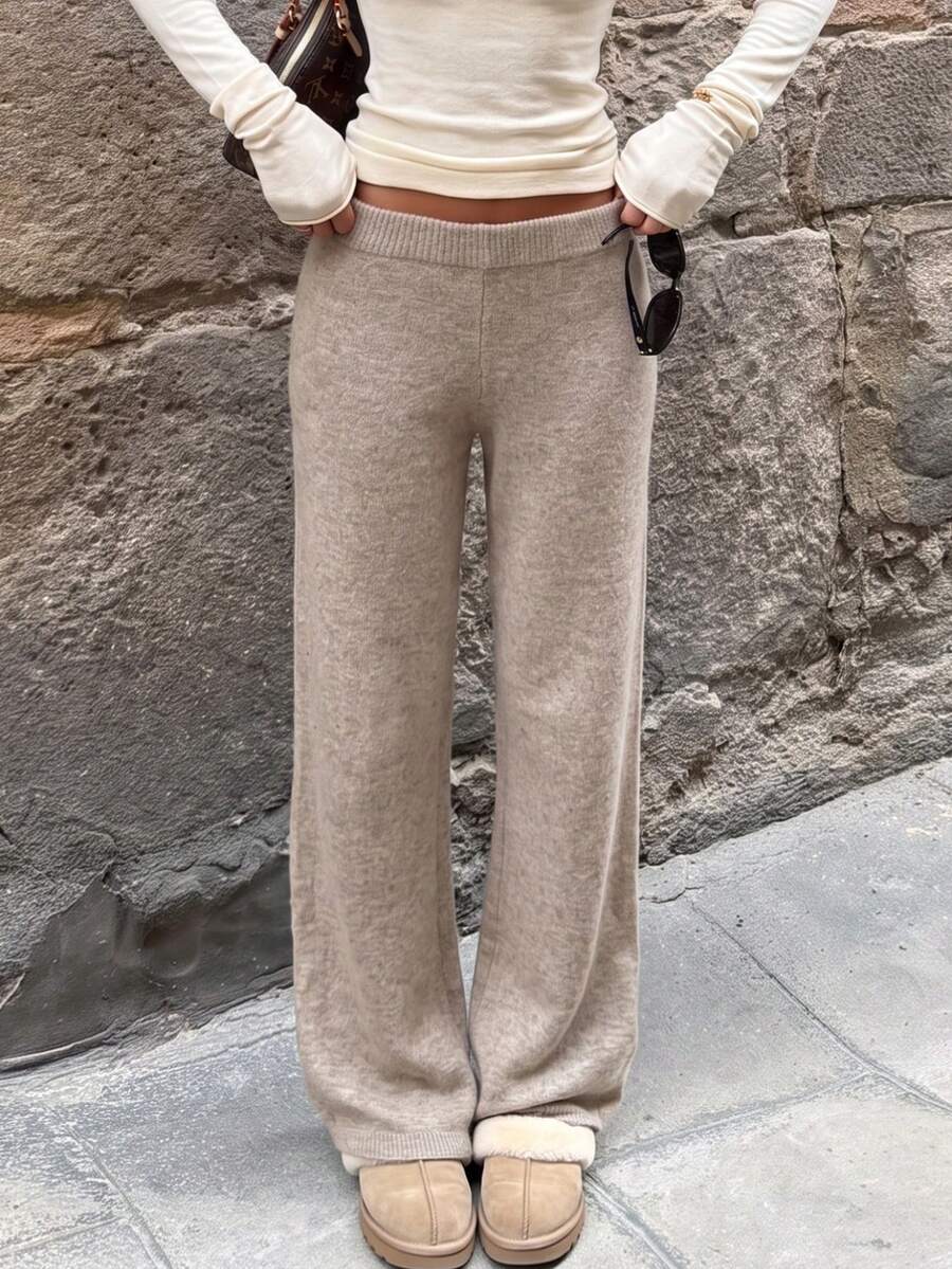 Minimalist Casual Warm Comfortable Women's Knitted Long Straight Leg Sweater Pants, Essential For Home Leisure In Autumn/Winter - Khaki - View 1