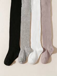 4 Pairs Girls Solid Vertical Striped Cotton Soft Comfortable Pantyhose For All Seasons Daily Wear - Multicolor - View 1