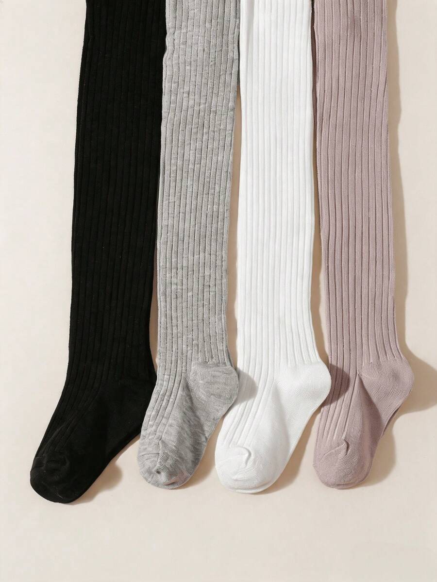 4 Pairs Girls Solid Vertical Striped Cotton Soft Comfortable Pantyhose For All Seasons Daily Wear - Multicolor - View 1