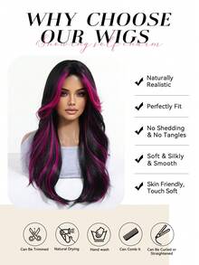 Topshe Ava WIGS 24英吋紅色挑染長波浪假髮，附簾幕瀏海，免膠水耐熱合成纖維無蕾絲假髮，女款黑色混紅長波浪假髮，適合日常穿戴、派對、Cosplay，多色假髮，完美的萬聖節女性禮物 - 紫色 - 查看 9