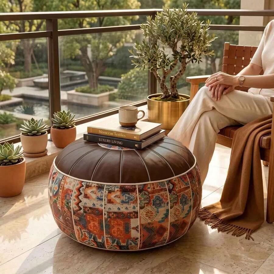1pc Bohemian Floral Embroidered Storage Ottoman (Without Filling), Soft Hidden Clothing And Toy Storage, Waterproof PU Leather, Provides Comfortable Experience For Every Home Space, Suitable For Living Room, Bedroom And Entryway, Single Piece For Daily Use, Can Fit All Rooms, Decoration And Holiday Gift, Printed Pattern Is Random - Coffee Brown - View 1