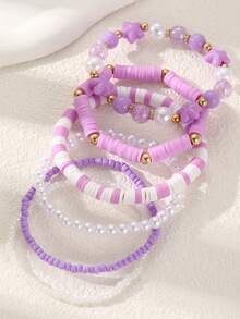 NAIZHU 5pcs/Set Gelang Manik-Manik Manis Warna Pink, Terbuat dari Tanah Liat Lembut, Liontin Hati, Ceri, dan Bintang, serta Mutiara Imitasi dan Karet Gelang. - MultiWarna - View 15