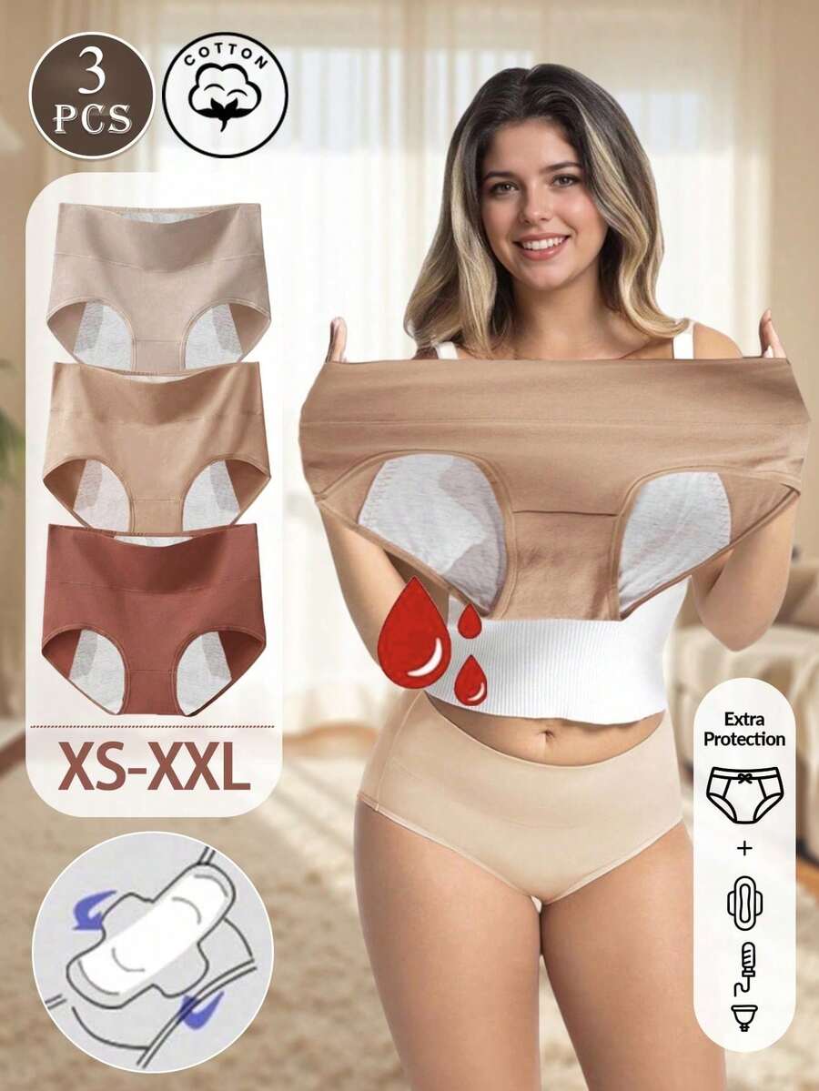 3pcs Women's Cotton High Waist Period Panties - Solid Color High Waist Period Panties, Full Coverage High Waist Plus Size Triangle Panties - Multicolor - View 1