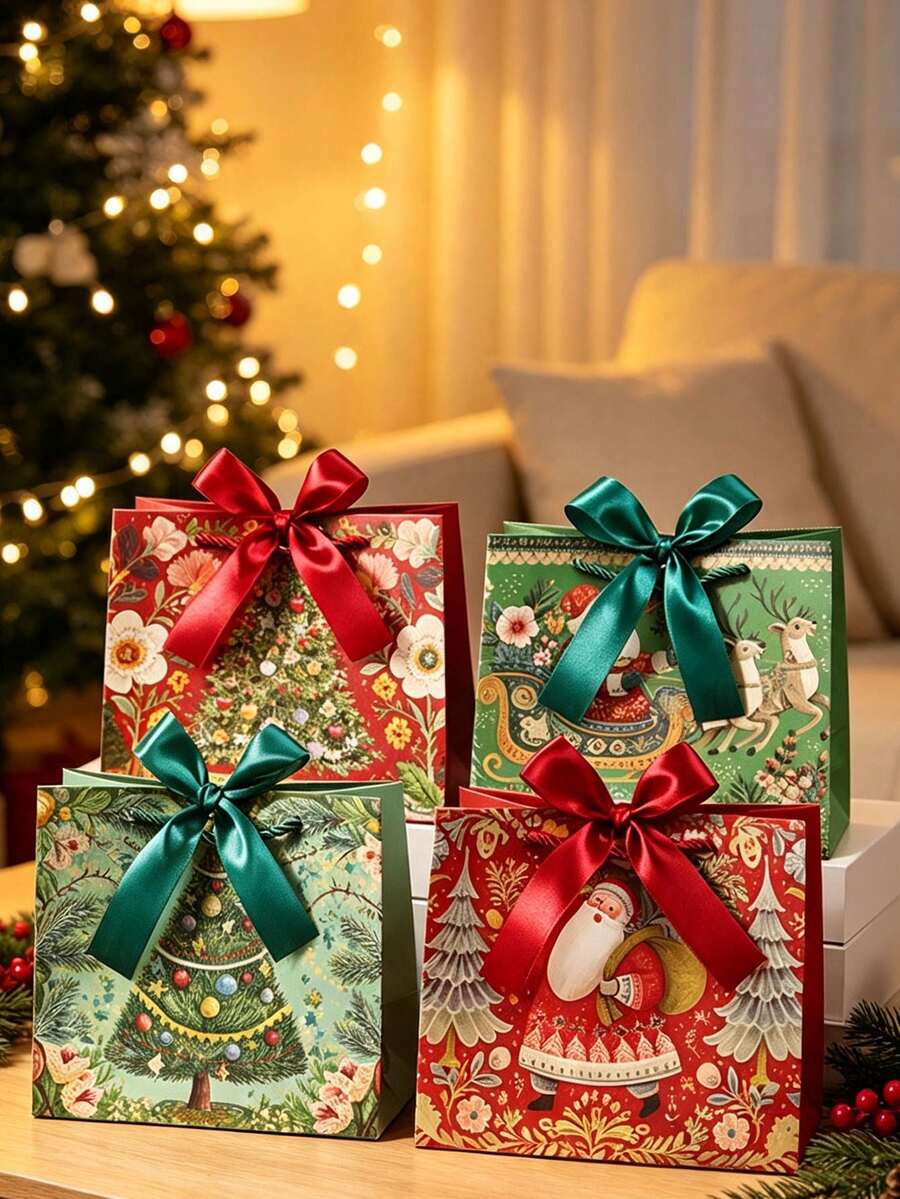 Christmas Gift Bags With Handles, 1 Set S/M/L Assorted Sizes Heavy-Duty Thick Paper Gift Bags With Ribbon, Classic Red & Green Christmas Tree Design, Holiday Party Favor Bags And 2027 New Year Gift Wrapping Supplies - Multicolor - View 1