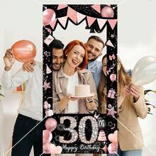 AFYPRTY 1pc Black & Pink Diamond Birthday Photo Booth Backdrop Frame Wall, Polyester Fabric, Birthday Party Selfie Photo Prop Decoration, Suitable For 18, 21, 30, 40, 50, 60, 70, 80, 90th Birthday Party Decor - Rose Gold - View 4