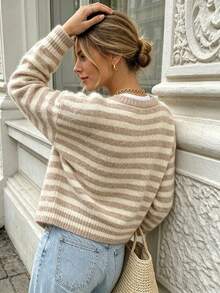 Women's Round Neck Contrast Color Striped Button Soft Casual Fashion Versatile Knit Long Sleeve Cardigan Sweater, Daily Vintage Street Style - Multicolor - View 3