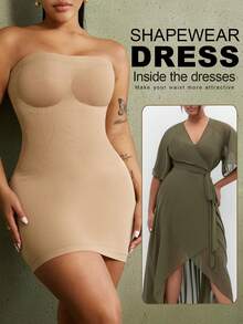 1pc Plus Size Women's Shapewear Abdominal Compression Costume, Flat Tummy Waist Trainer, Butt Lifting Seamless Bodycon Dress - Apricot - View 3