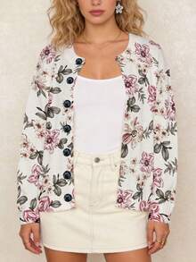 ADFHP Women's Vintage Floral Print Button Front Long Sleeve Knit Cardigan, Casual Loose Sweater For Fall/Winter Social Occasions - Multicolor - View 3