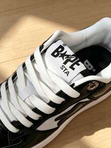 A BATHING APE BAPE STA Men's Black & White Patent Leather Sneakers - Black and White - View 4