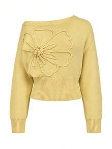 Women's Knit Cold Shoulder Pullover Sweater, Decorated With Floral Embroidery, Long Sleeve Cropped Design Fall - Yellow - View 8