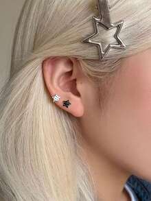 2pcs Women's Earrings, Black & White Metal, Contrast Polka Dot & Star, Minimalist Personalized Ear Jewelry Suitable For Daily Wear - Multicolor - View 5