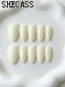 Shecass 短杏仁形純色奶白色手工穿戴甲，亮面簡約全包覆，優雅極簡可重複使用，適合日常約會派對、Y2K 秋季美甲、旅行度假、禮物、返校季、音樂節，純色穿戴甲 - 彩色 - 查看 1