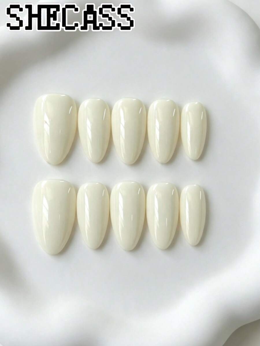 Shecass 短杏仁形純色奶白色手工穿戴甲,亮面簡約全包覆,優雅極簡可重複使用,適合日常約會派對、Y2K 秋季美甲、旅行度假、禮物、返校季、音樂節,純色穿戴甲 - 彩色 - 查看 1