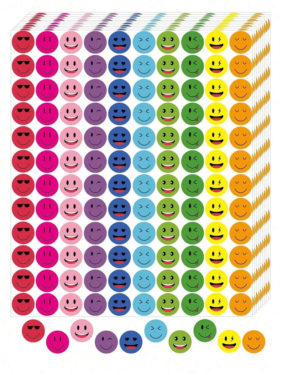 1200pcs (10 Sheets)/Set Happy Smiling Face Self-Adhesive Graffiti Stickers, Round Colorful Reward Labels, 10 Styles Happy Smiling Face PVC Waterproof Encouragement Stickers - Multicolor - View 1