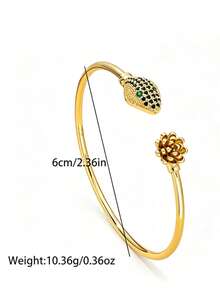 Letingsha 1pc Luxury Gold-Plated Snake & Lotus Open Cuff Bracelet, Black Rhinestone Inlaid Snake Head Women's Bracelet, Suitable For Daily & Party Wear - Yellow Gold - View 3