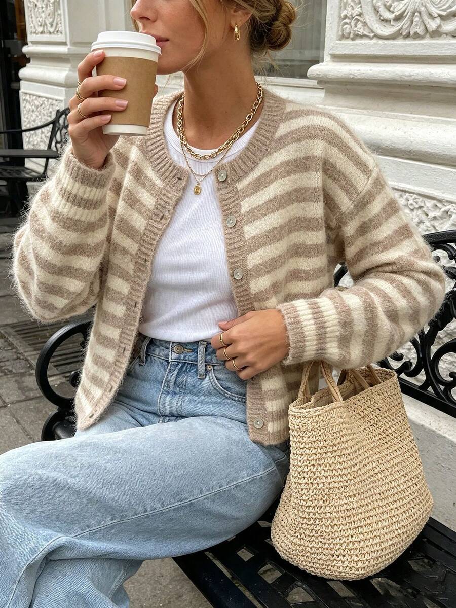 Women's Round Neck Contrast Color Striped Button Soft Casual Fashion Versatile Knit Long Sleeve Cardigan Sweater, Daily Vintage Street Style - Multicolor - View 1