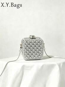 Women Evening Clutches,Mini Square Hard Box Crossbody Bag, Minimal Sparkly Luxury Style, For Club Cocktail Party Night Out Ladies All Seasons - Silver - View 1