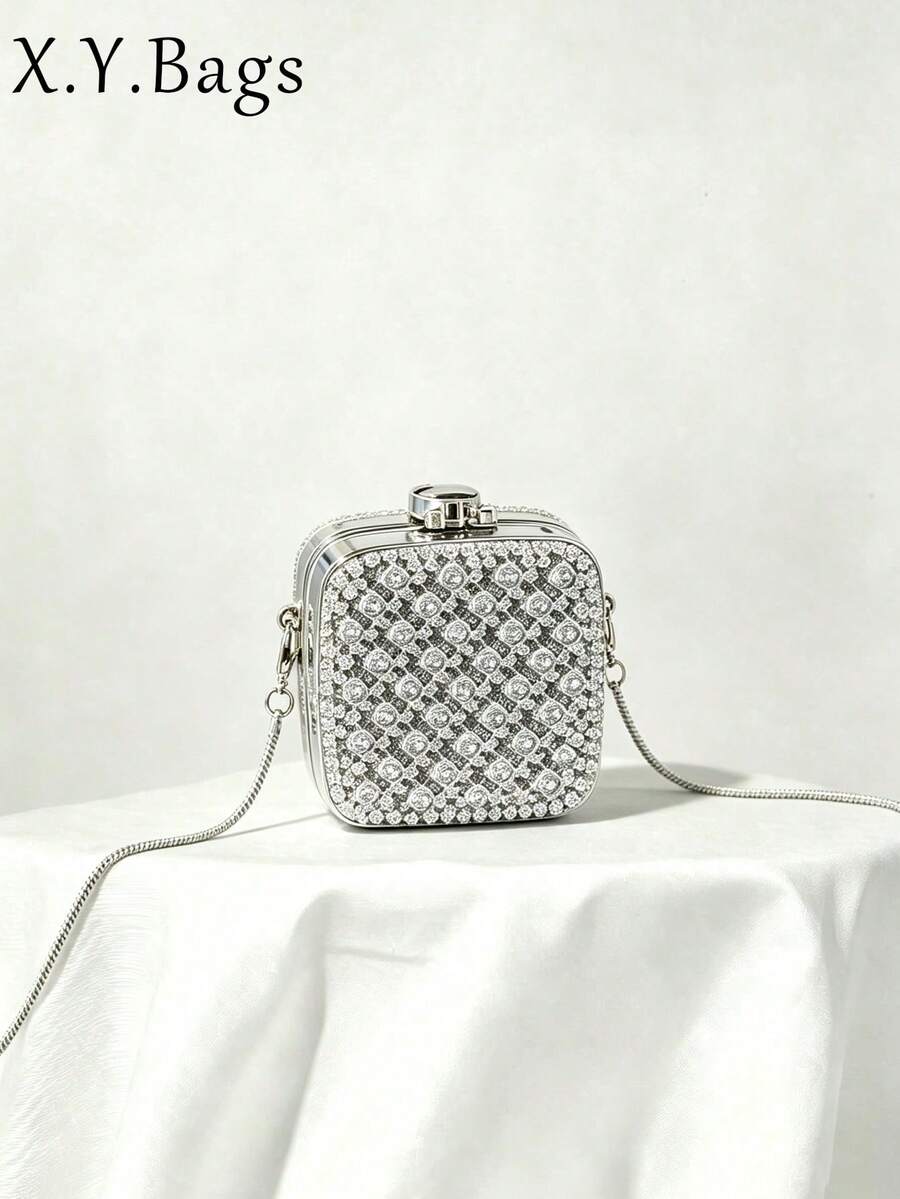 Women Evening Clutches,Mini Square Hard Box Crossbody Bag, Minimal Sparkly Luxury Style, For Club Cocktail Party Night Out Ladies All Seasons - Silver - View 1
