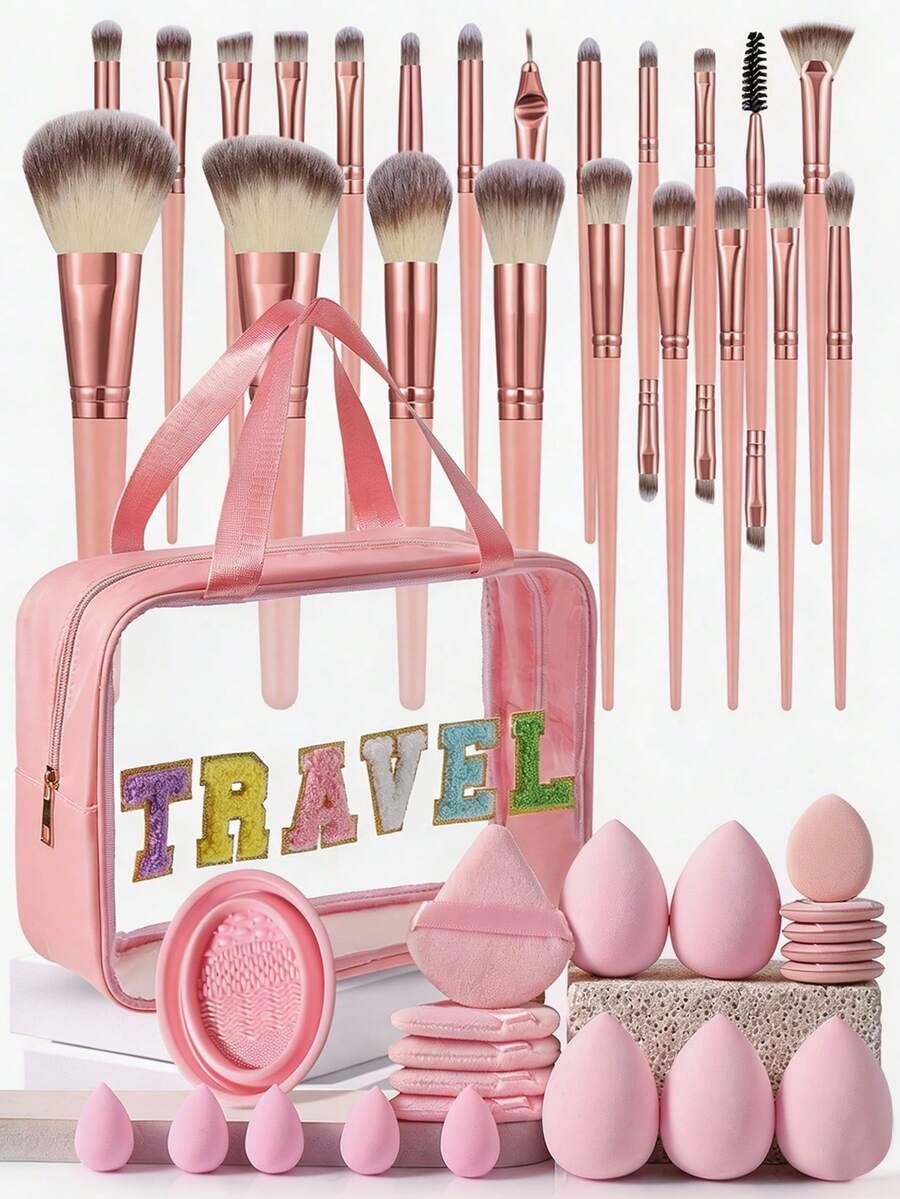 44Pcs/8pcs Pink Makeup Brush Set Makeup Brushes Cosmetic Sponges Triangle Powder Puffs Finger Puffs Brush Cleaner Bowl Cosmetic Storage Bag Complete Makeup Tool Kit For Beginners - Pink - View 1