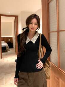 Sweet Style Patchwork Striped Polo Collar Cable Knit Sweater, Slim Fit Flattering Inner Layer Base Top For Women, Autumn/Winter - Black - View 1