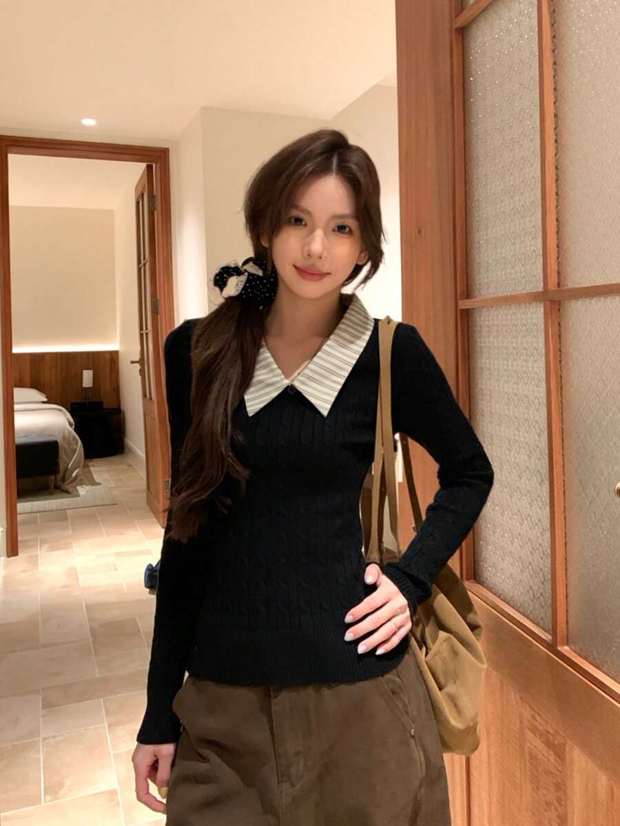Sweet Style Patchwork Striped Polo Collar Cable Knit Sweater, Slim Fit Flattering Inner Layer Base Top For Women, Autumn/Winter - Black - View 1