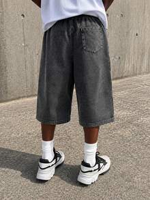 INFLATION Vintage Solid Color Drawstring Waist Washed Casual 7/10 Length Sweatpants Shorts - Black - View 2
