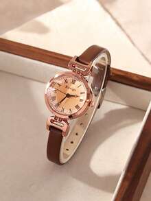 1PC Vintage Rose Gold Roman Numeral Quartz Women's Watch, Brown Leather Strap Commuter Style, Perfect Gift For Women - Brown - View 3