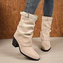 Western Vintage Style 2-Way Wear Ruched Mid-Calf Women's Boots, Suede Chunky High Heel Buckle Boots, Suitable For Street, Commute And Daily Wear - Beige - View 3