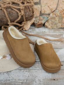 Women's Autumn/Winter Outdoor Versatile Thermal Lined Solid Color Neutral Fine Fur Thick Sole Slippers Home Slippers - Khaki - View 4