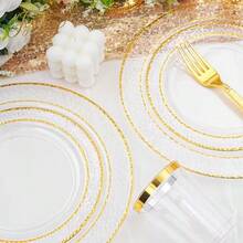 Set Peralatan Makan Mewah 10/20/25 Buah dengan Pinggiran Emas Hitam, Piring Dapat Digunakan Kembali Ukuran 7,5 Inci/10,25 Inci, Piring Makan, Piring Buah dan Camilan, Piring Makanan Penutup dan Salad, Piring Keju dan Permen, Peralatan Makan Multifungsi, Cocok untuk Pesta, Pernikahan, Ulang Tahun, Piknik, dan Acara Liburan, Mudah Dibersihkan dan Tahan Lama, Cocok untuk Tata Letak Meja di Rumah dan Acara Modis. Piring Plastik, Baki, Piring Kue, Dekorasi, Baki - B - View 3