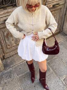 Chinese Knot Button Fashion Women's Long Sleeve Knit Cardigan Sweater, Short Round Neck Tie Design, Suitable For Autumn Fall - Mottled White - View 3