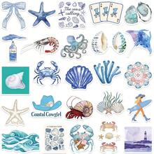 50pcs Ocean Aesthetic Stickers, Marine Life Doodle Labels, Beach Vacation Stickers, Blue Aesthetic Decor, Waterproof Vinyl Stickers For Water Bottles, Computers, Laptops, Phones, Luggage, Notebooks, Refrigerators - Multicolor - View 3