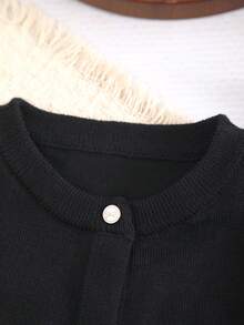 Tween Girl Knitted Round Neck Cute Puff Sleeve + Button Bow Design, Elegant Suitable For Outings Or Parties - Black - View 2