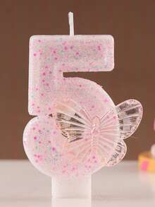 1pc Numeric Birthday Candle, Butterfly Birthday Cake Candle, Pink Glitter Cake Decor, Suitable For Girls And Women Anniversary Celebration - Pink - View 5